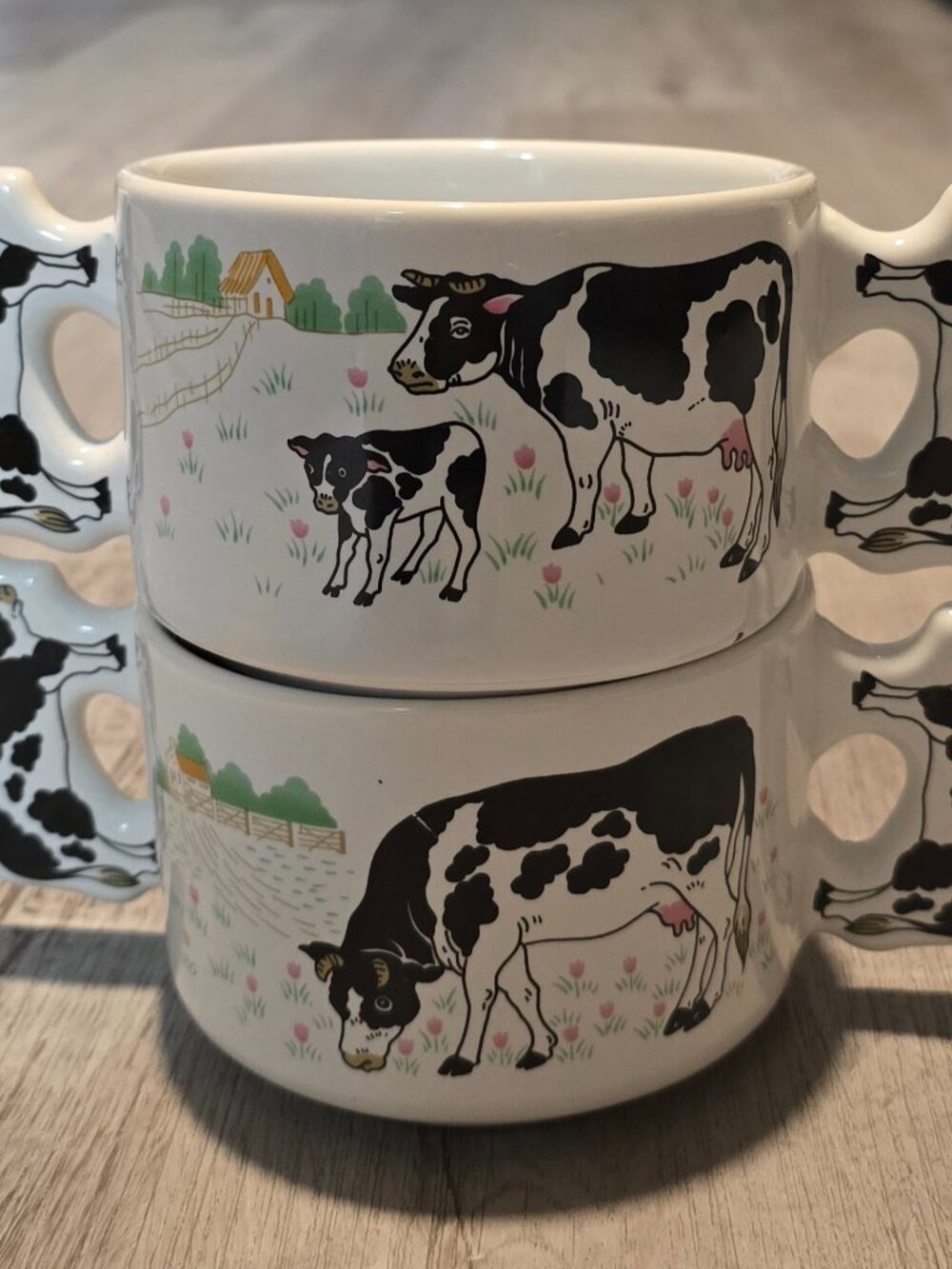 Vintage Holstein Cow Double Handle Stackable Soup Mugs - Set of 2